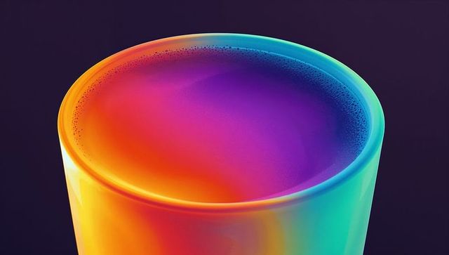 Iridescent tall glass with multicolor shimmering liquid and foam ring, glossy gradient