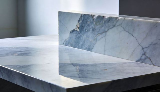 Polished blue-gray marble slab showcasing striking veining and glossy reflective surface