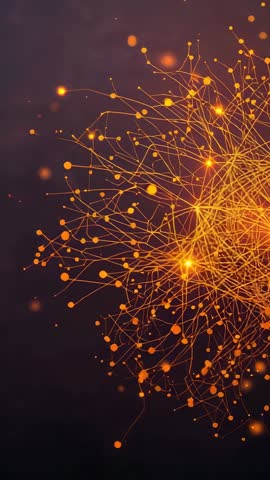 Vertical tech animation zooming into glowing orange network of pulsing data nodes