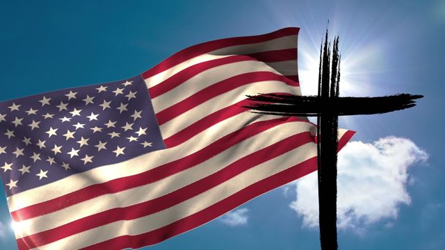 USA flag waves alongside a prominent black cross under a bright blue sky. The composition highlights themes of patriotism entrenched with Christian symbolism, making it suitable for materials emphasizing national pride coupled with faith identity. Ideal for use in cultural or religious contexts, promotions, educational content, or design projects focusing on American Christian communities.