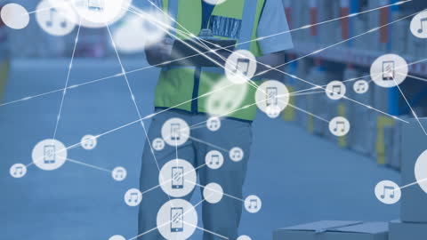 Warehouse Worker with Digital Connection Network Overlay