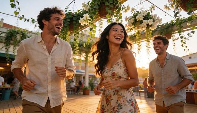 Laughing friends strolling under hanging flowers at golden hour outdoor market