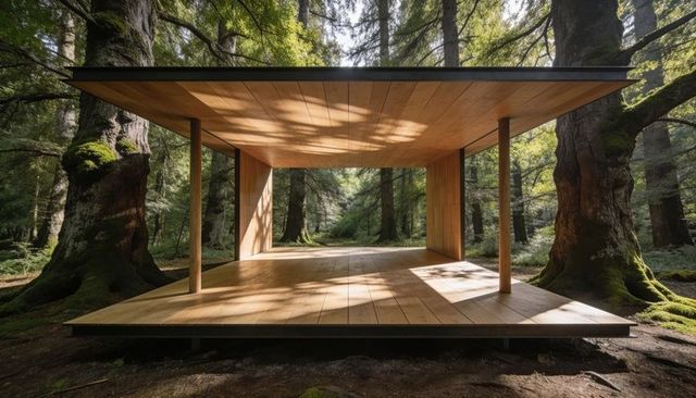 Minimal wooden pavilion on raised timber deck amid mossy ancient forest with dappled sunlight
