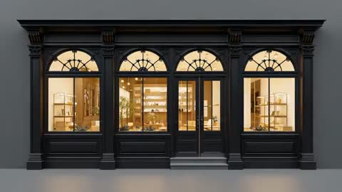 Showcasing Elegant Black Storefront with Arched Windows and Warm Interior Lighting