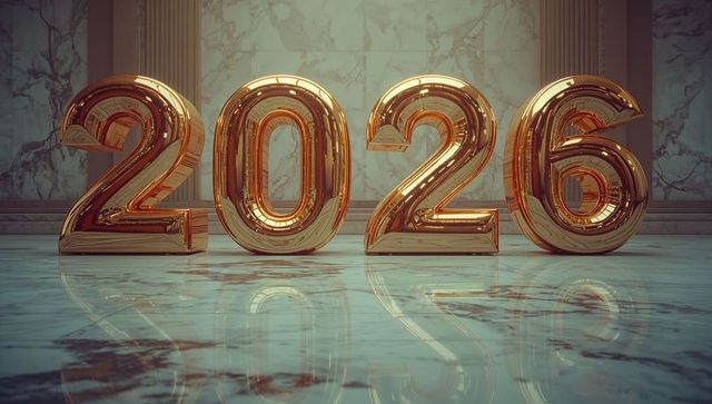 Golden 2026 numerals reflecting on polished marble floor in neoclassical hall