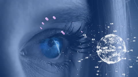 Close-Up Female Eye and Digital Global Network Visualization