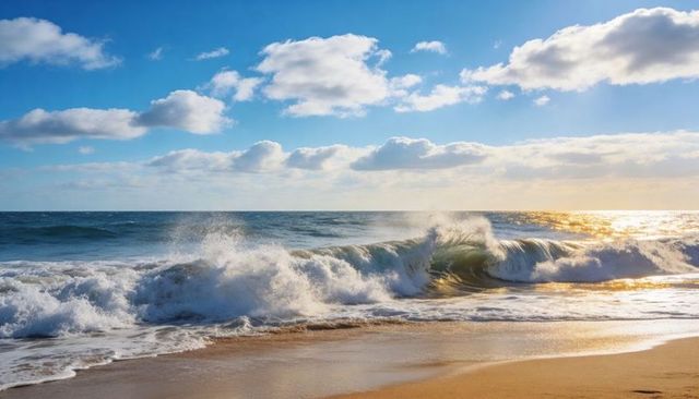 Sunlit ocean waves crashing on sandy shoreline during golden hour