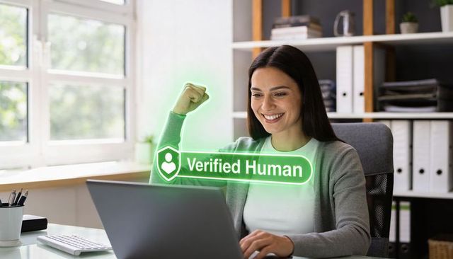 Smiling professional celebrating verified human badge on laptop, modern remote workspace