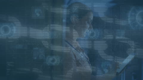 Female Technician Using Tablet for Server Management