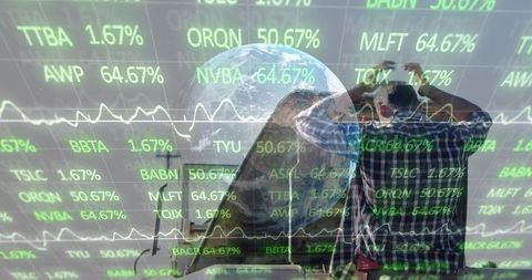 Investor facing global market turmoil standing on rooftop holding head double exposure