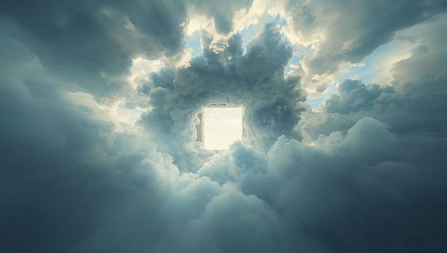 Square portal piercing cumulus tunnel with radiant sunbeams, surreal aerial cloudscape