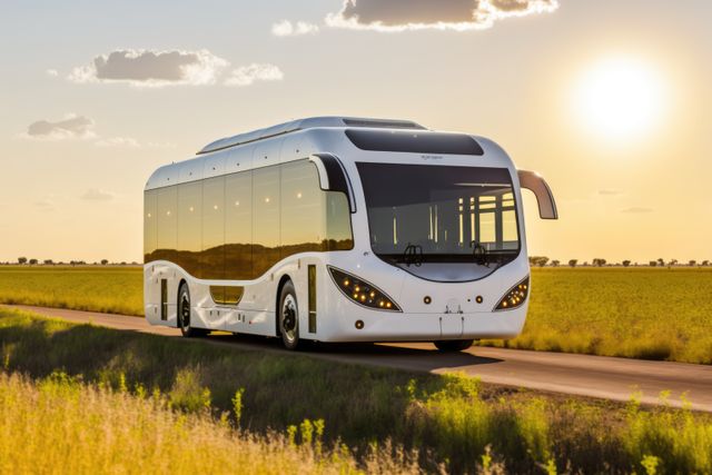 Modern white electric bus driving on a scenic countryside road with the sun setting in the background. Ideal for concepts related to sustainable transportation, green energy, eco-friendly travel, and modern public transport solutions. Suitable for use in advertising campaigns for electric vehicles, travel brochures, or environmental awareness promotions.