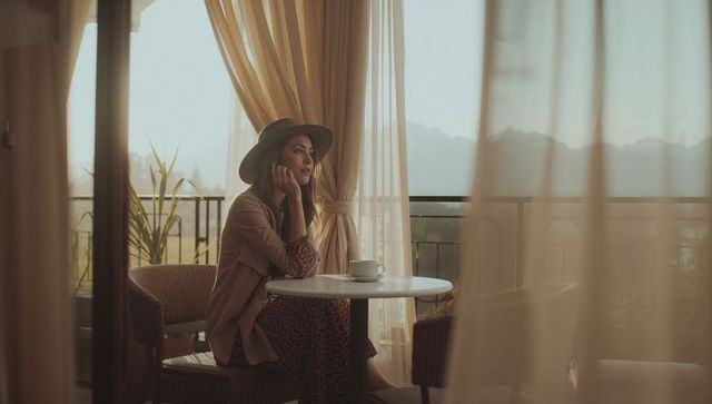Contemplative woman sipping coffee on balcony at sunrise with soft light and mountain view
