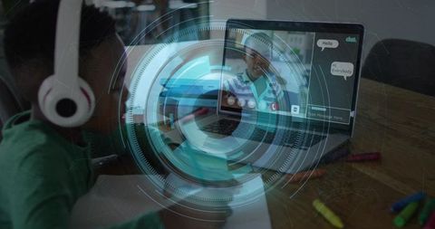 Girl wearing headphones writing in notebook during online class with augmented reality HUD