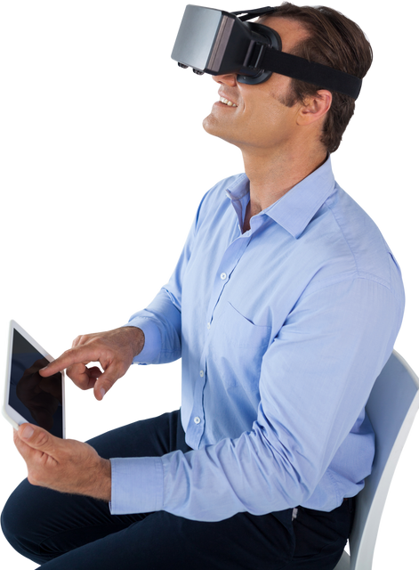 Smiling Businessman Wearing VR Glasses, Holding Tablet in Transparent Setting - Download Free Stock Videos Pikwizard.com