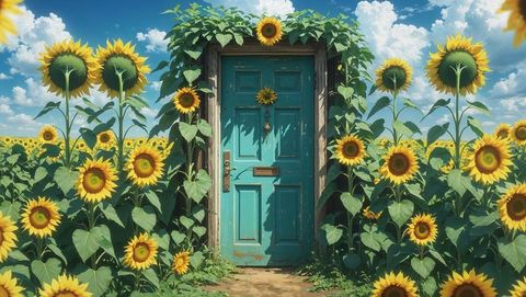Anime teal wooden door amid vibrant sunflower field with climbing vines