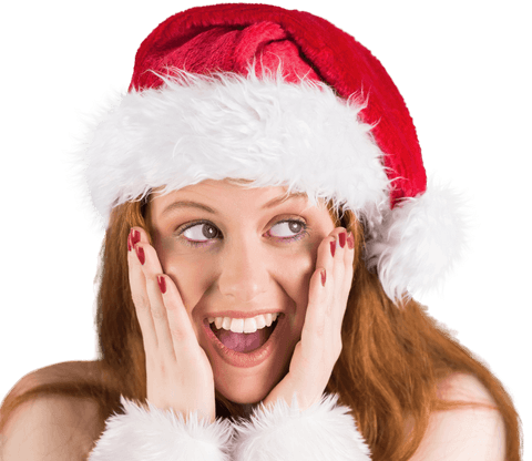 Surprised woman in festive santa hat on transparent background