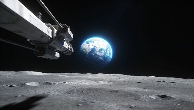 Futuristic spacecraft hovering over lunar surface with earth rising on horizon