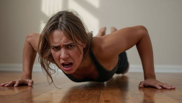 Woman pushing through intense push-up struggle showing determination and effort
