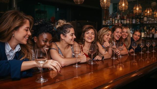 Women friends laughing and enjoying wine night leaning on bar under warm amber lights