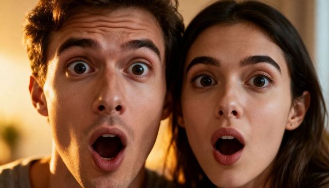 Gasping young couple sharing surprised expressions in warm interior closeup