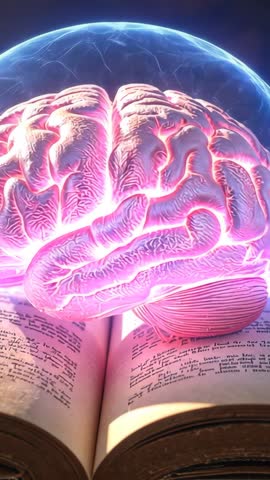 Glowing Brain Pulsing Above Open Book While Blue Sphere Activating Neural Network — Vertical Video