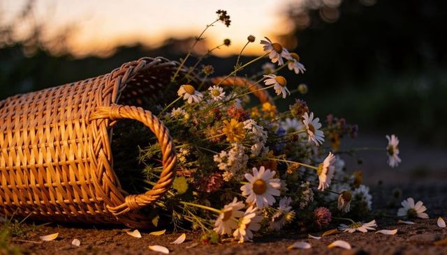 Wicker basket spilling wildflower bouquet on dirt path at golden hour meadow edge
