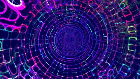 Neon spiral vortex pulling hexagonal grid into luminous digital tunnel with rings