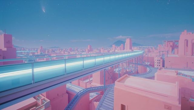 Futuristic neon walkway over pink urban landscape at night
