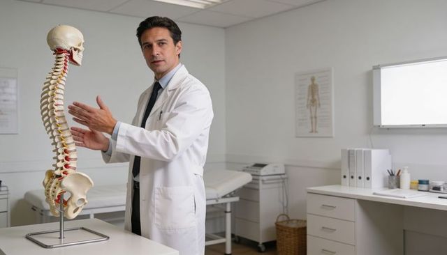 Doctor demonstrating spinal anatomy using anatomical spine model in clinic exam room