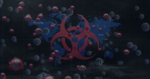 Global danger concept with biohazard symbol and covid-19 map