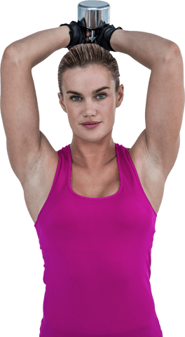 Fit woman lifting dumbbells in intensive workout on transparent background