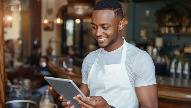 Smiling Barista Using Tablet in Modern Coffee Shop