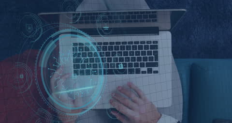 Businessman Using Laptop with Cyber Network Overlay