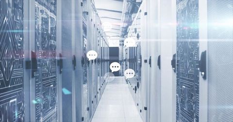 Futuristic Data Center Corridor with Floating Chat Icons