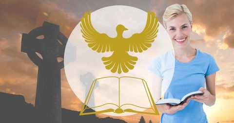 Caucasian Woman Reading Bible with Religious Icons Over Sunset