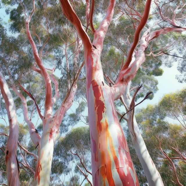 Eucalyptus trees display their distinctive smooth bark, outdoors. Their colorful trunks stand out in the forest, showcasing nature's unique artistry.
