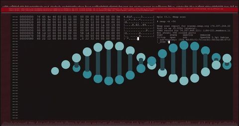 Stylized dna helix data visualization overlaid on hex dump terminal for cybersecurity