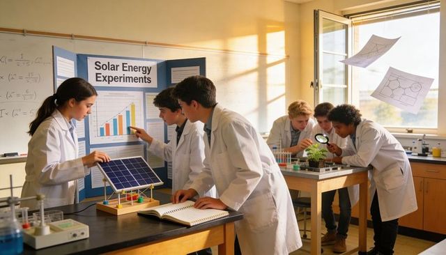 High school students testing solar panel prototype in classroom science lab, teamwork