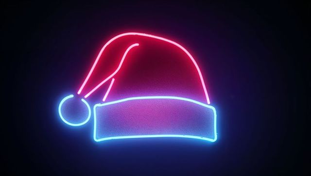 Glowing neon santa hat outline emitting magenta and cyan duotone holiday glow