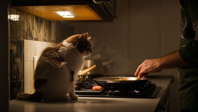 Curious longhaired cat watching home cook stirring skillet on stovetop under warm light