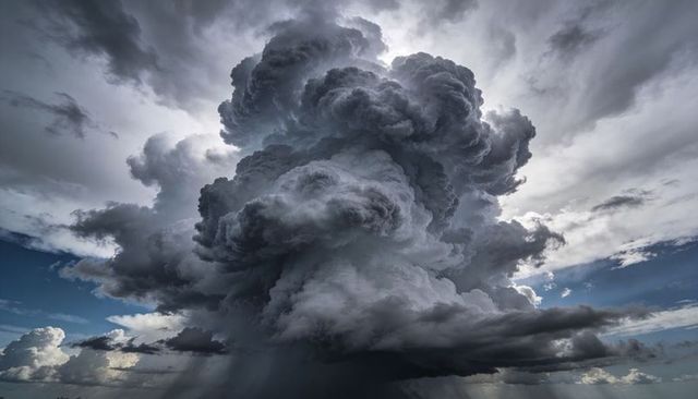 Towering Cumulonimbus Forming Rain Shafts and Virga, Dramatic Rimlit Updrafts