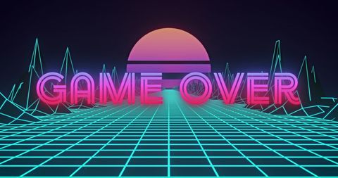 Retro neon game over screen with glowing grid and pink sun