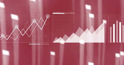 Displaying rising data trends with line, area and bar charts on red abstract dashboard