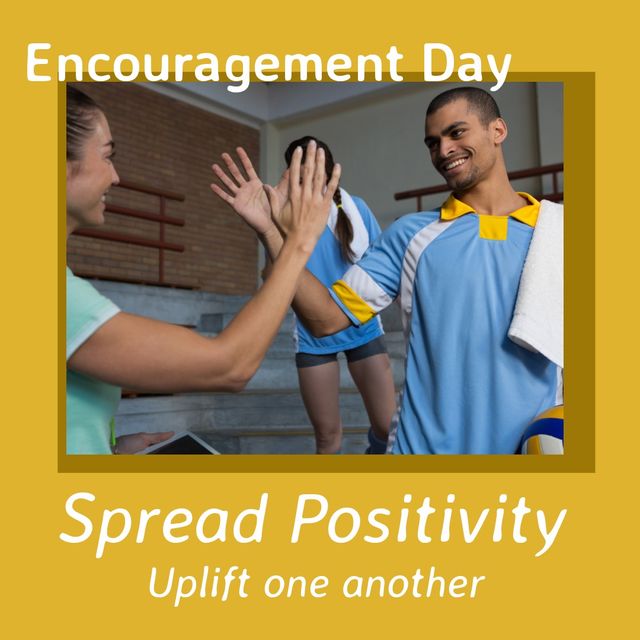 Friends celebrating a high-five, promoting positivity in sports team. Ideal for social media posts, motivational campaigns, community events, teamwork inspiration, and positive messaging initiatives.