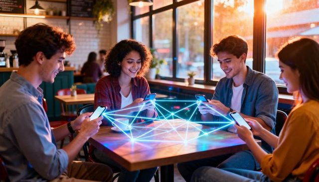Friends connecting with holographic network via smartphones at sunlit cafe table