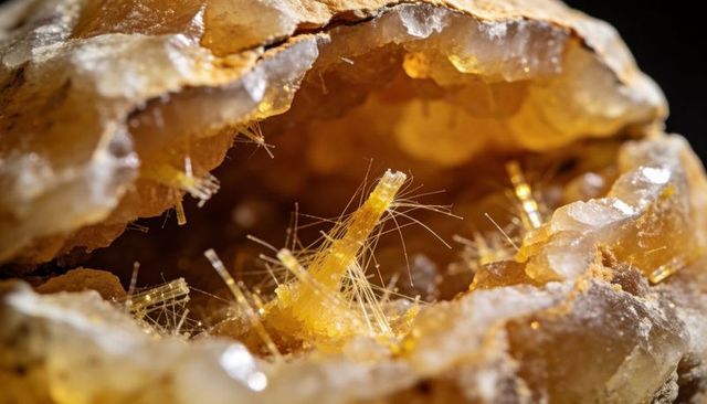 Displaying golden acicular crystals inside milky quartz geode cavity macro close-up
