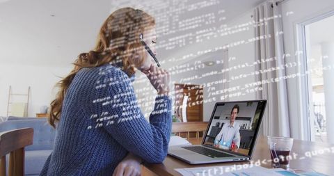 Woman Having Video Call, Displaying Data Overlay Represents Remote Work