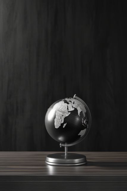 A sleek black and silver globe sits on a wooden surface, with copy space. Ideal for a modern office setting, the globe adds a touch of sophistication and global awareness.