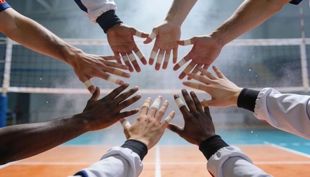 Volleyball team huddle showing taped hands over net with chalk dust and unity ritual